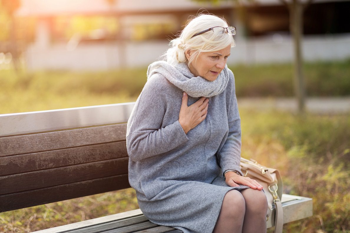 Senior Woman Suffering From Chest Pain While Sitting On Bench ELNA CARDIOLOGIE